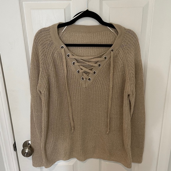 Lace up camel knit sweater L - Picture 1 of 3
